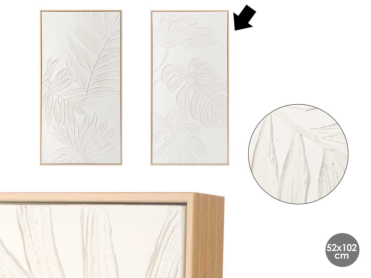 QUADRO FOLHAS BRANCO/MADEIRA 52X102CM