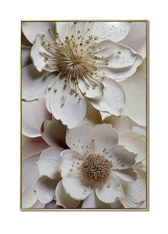QUADRO FLORES BRANCAS/DOURADAS 62X92CM