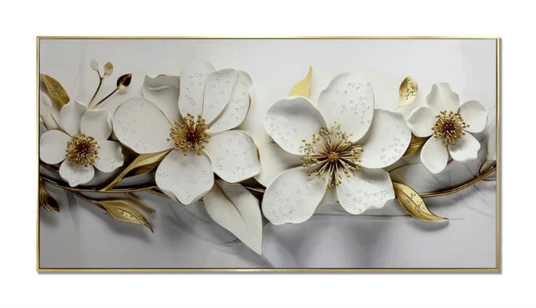 QUADRO FLORES BRANCAS/DOURADAS 62X122CM