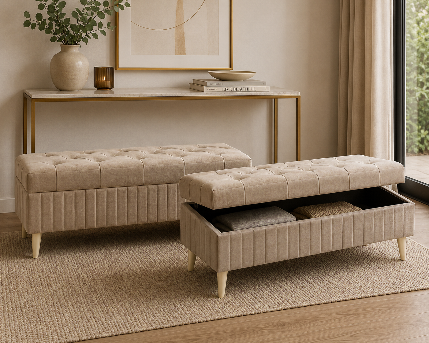 BANQUETA TAUPE C/ ARRUMAÇÃO 121X49X45Cm
