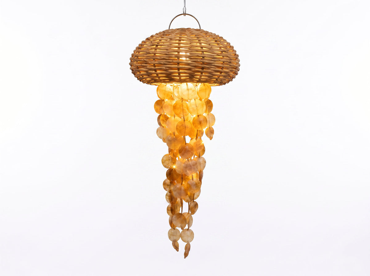CANDEEIRO TETO RATTAN/CONCHAS 42X42X85Cm