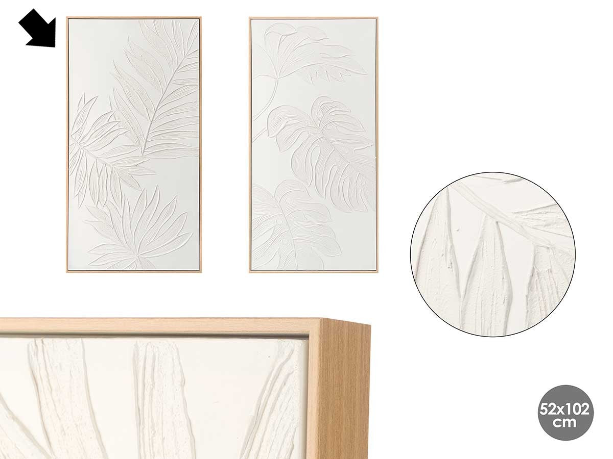 QUADRO FOLHAS BRANCO/MADEIRA 52X102CM