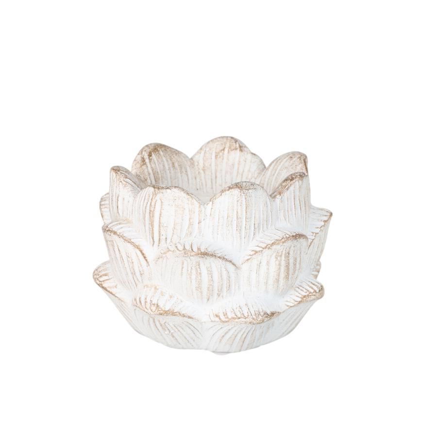 CASTIÇAL FLOR LOTUS BRANCO/DOURADO 9X9X7CM