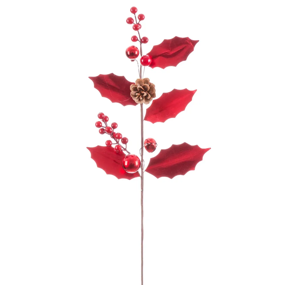 HASTE FOLHAS VERMELHAS C/ AZEVINHO 65Cm