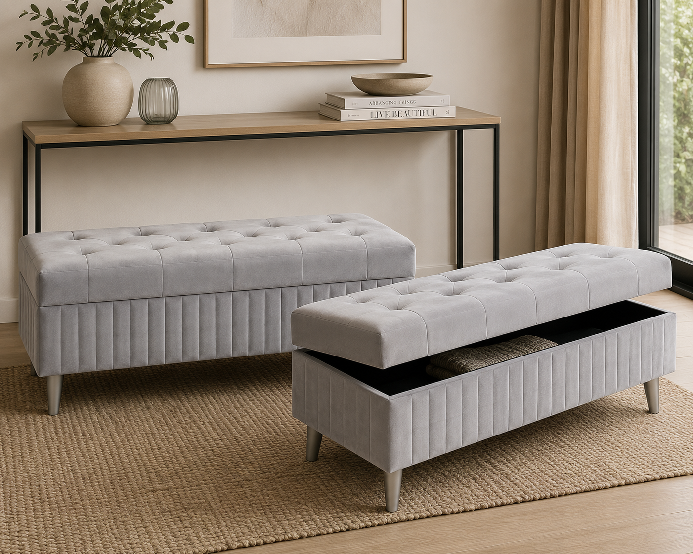 BANQUETA CINZA C/ ARRUMAÇÃO 101X41X37Cm