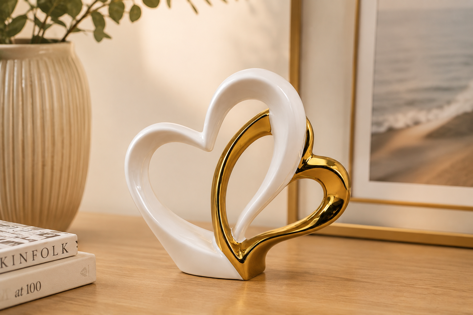 CORAÇÕES BRANCO/DOURADO 24,5X6,5X21,5Cm