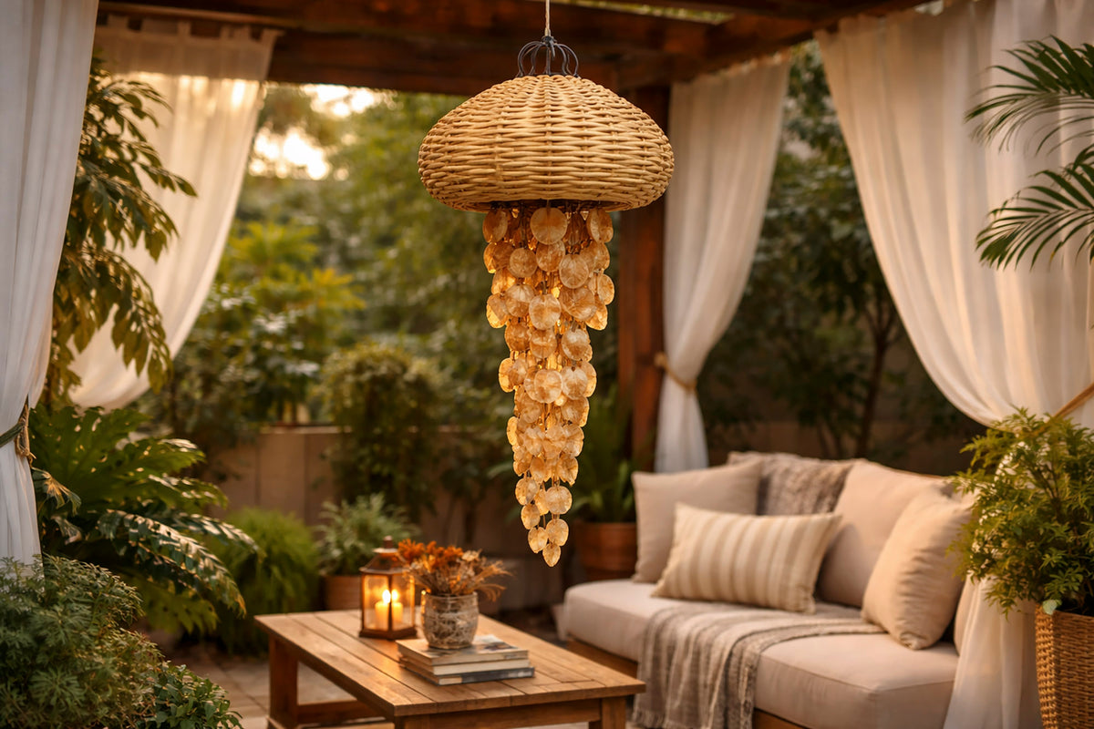 CANDEEIRO TETO RATTAN/CONCHAS 42X42X85Cm