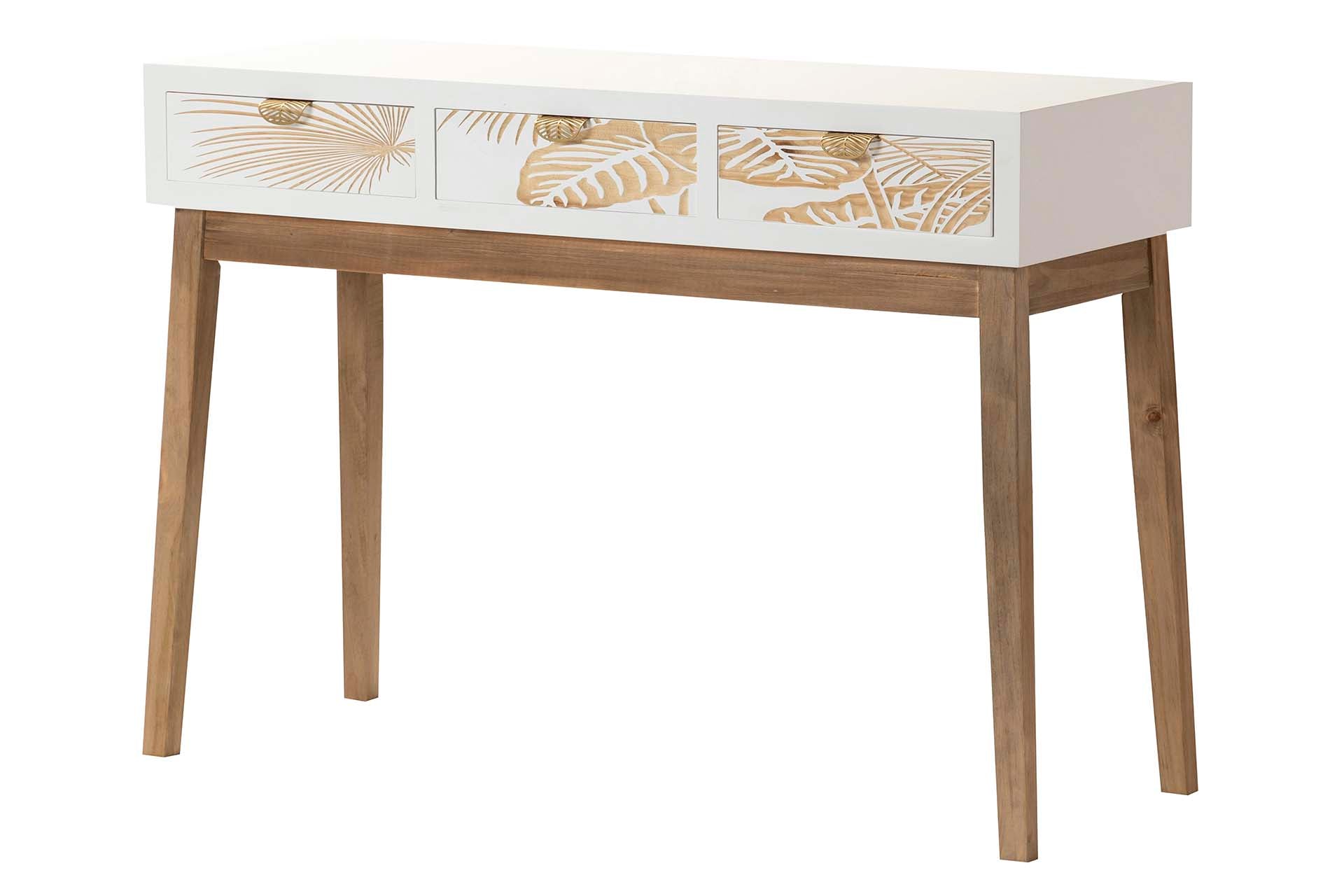 CONSOLA MADEIRA/BRANCO FOLHAS 110X40X78CM